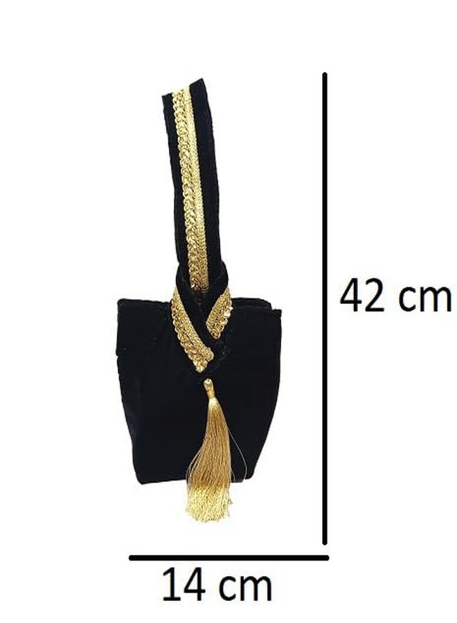 athizay Ethnic Handbags for Women Regal Velvet ladies potli Bag Studded with Lace Work Strap with Golden Tassel Embelishment (Dark Black, Gold) - Image 4